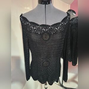 Black Off-the-Shoulder Crochet Sweater - Women's Elegant Knit